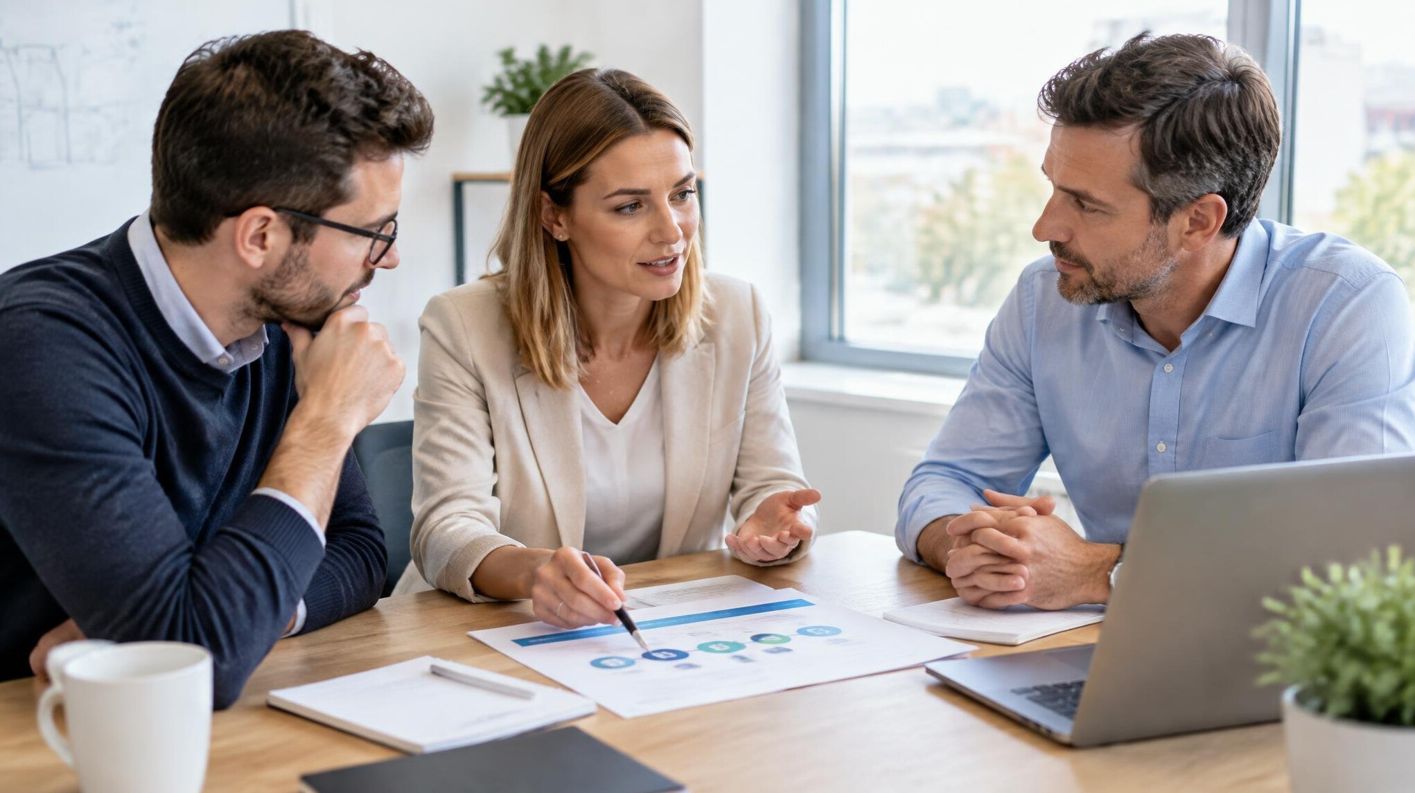 Business professionals discussing a software strategy around a table