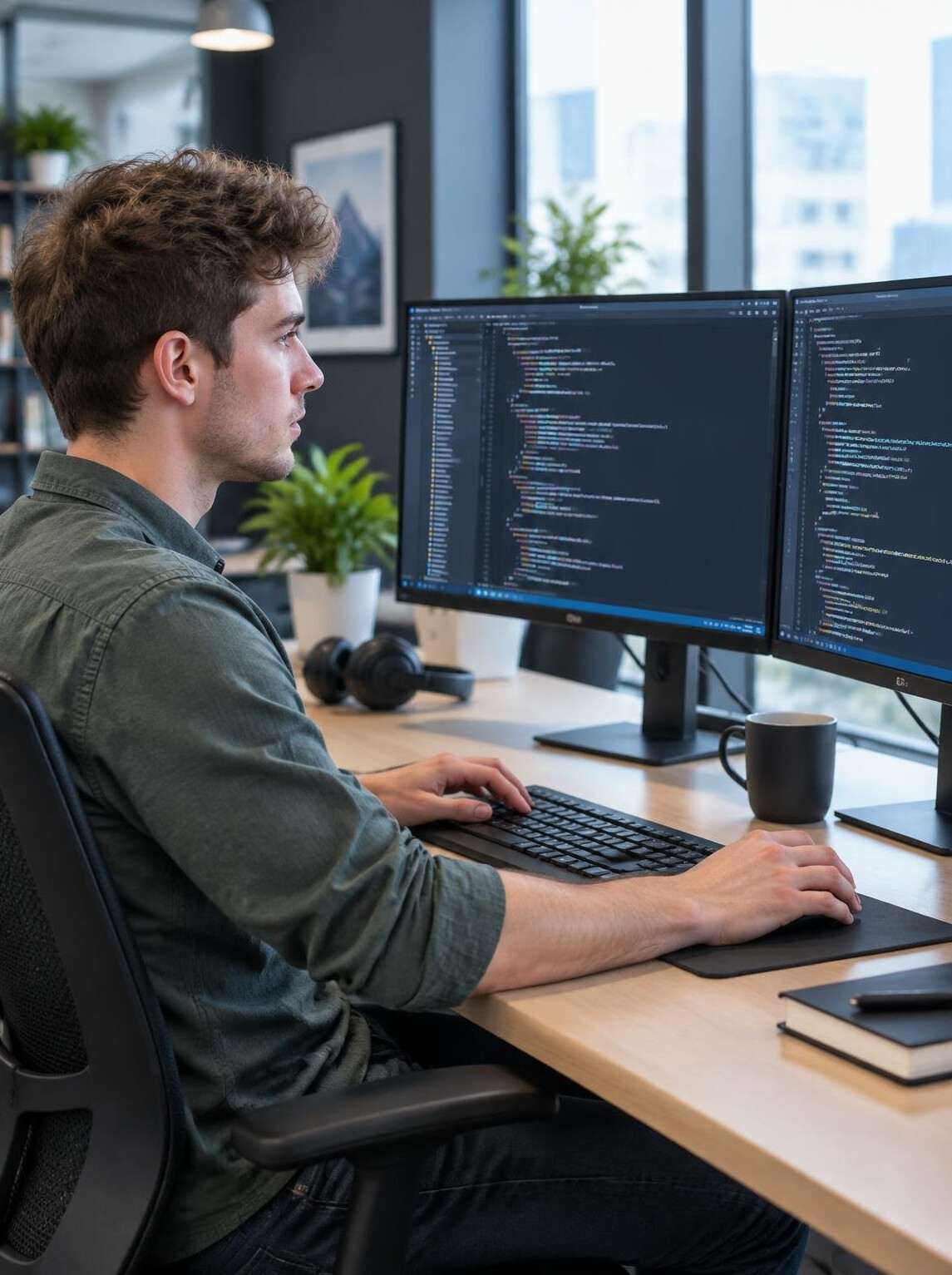 Developer working focused at a desk with dual monitors